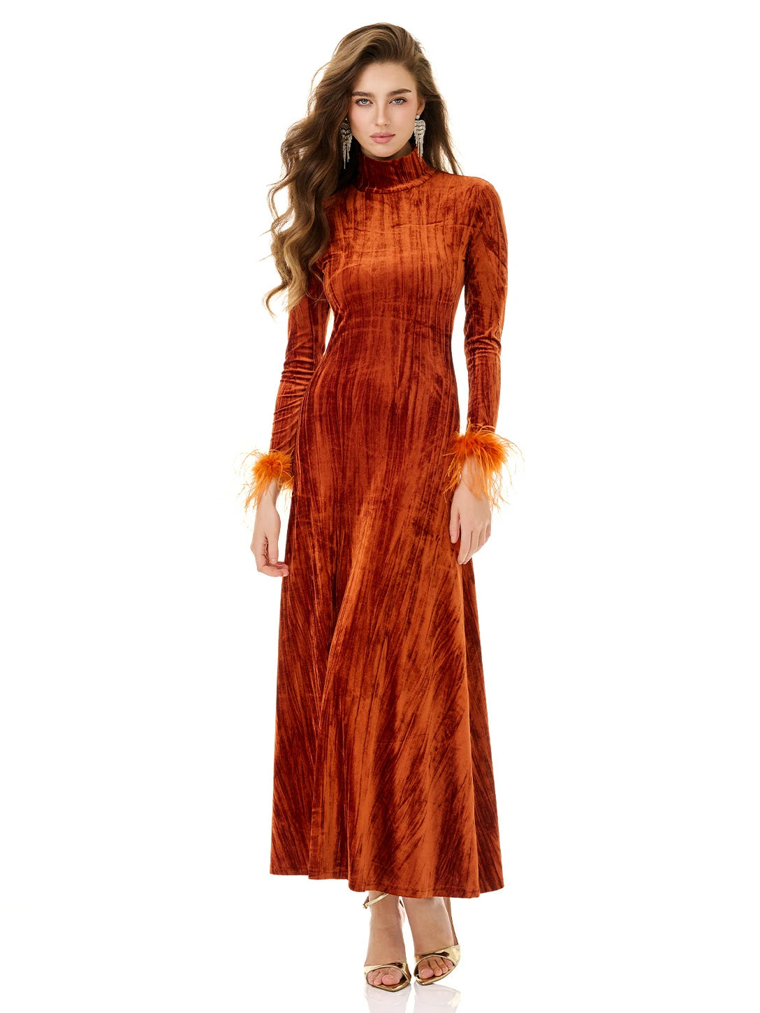Rust Velvet Feather Cuff Dress MAJOR CRUSH Rust Velvet Feather Cuff Dress MAJOR CRUSH