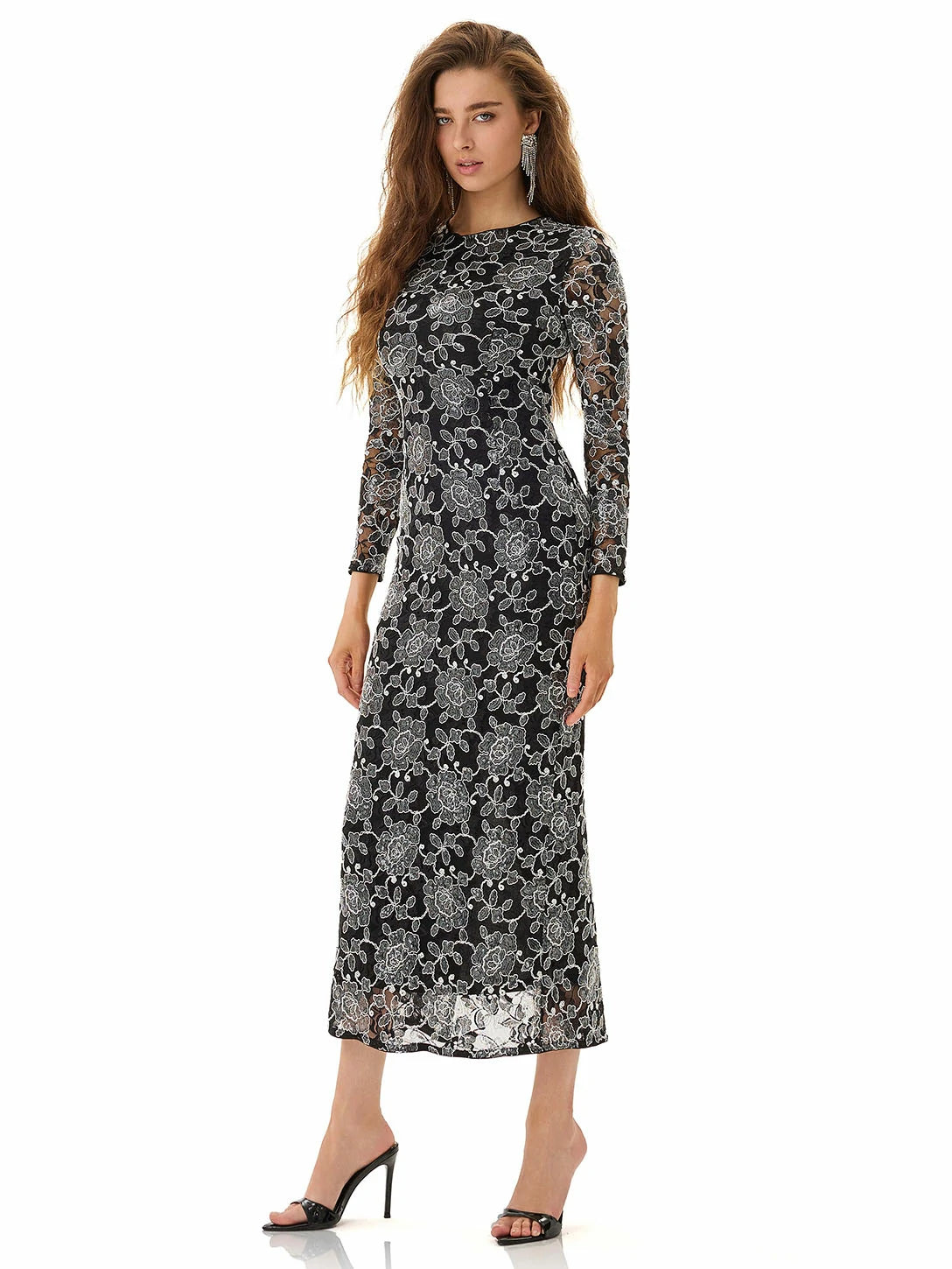 fitted lace wedding dress Pierre Long Sleeve Lace Maxi Dress - Navy main image 1