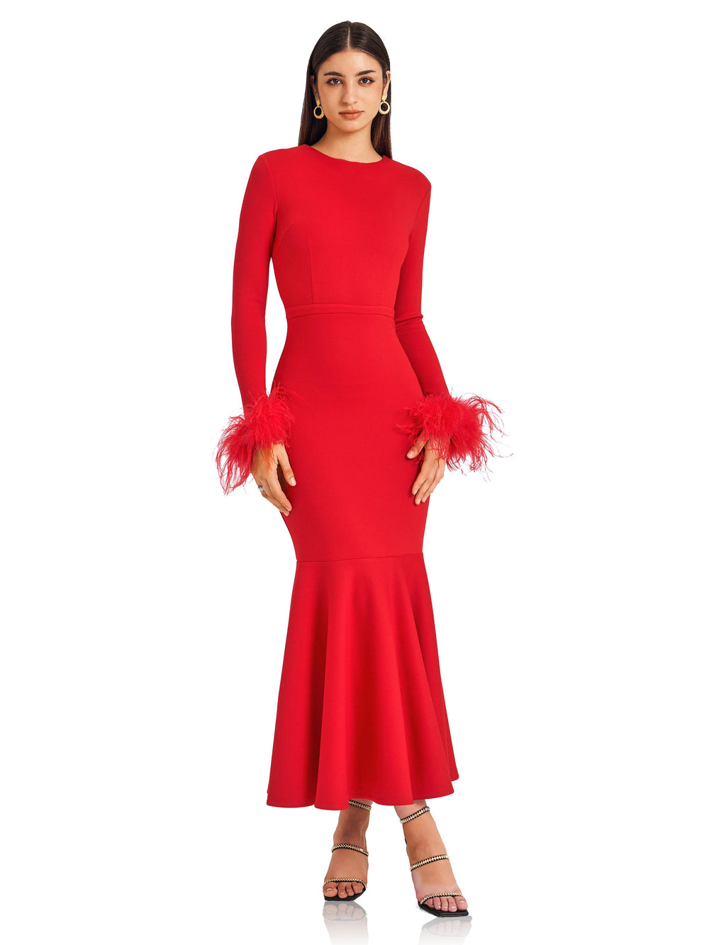 Fiery Red Feather Embellished Gown
