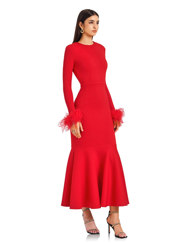 Fiery Red Feather Embellished Gown