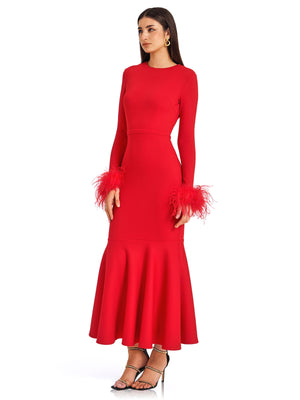 Fiery Red Feather Embellished Gown