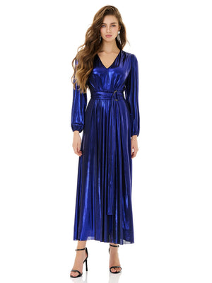 Shiny Blue Wrap Maxi Dress