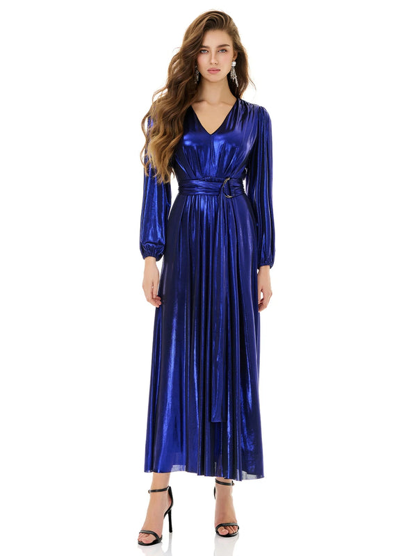 Shiny Blue Wrap Maxi Dress