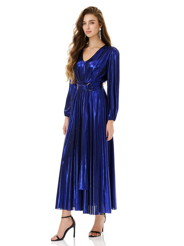 Shiny Blue Wrap Maxi Dress