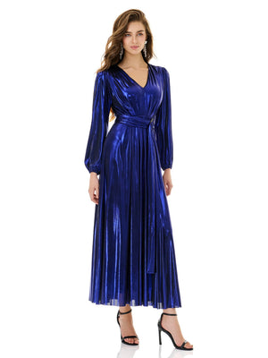 Shiny Blue Wrap Maxi Dress