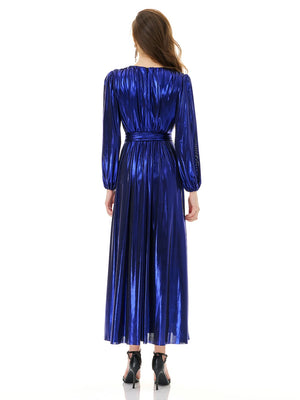 Shiny Blue Wrap Maxi Dress