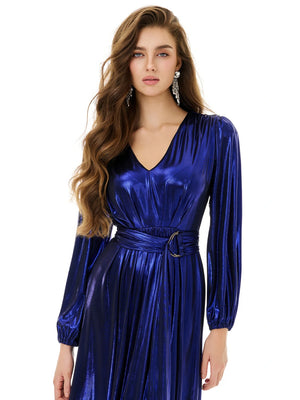 Shiny Blue Wrap Maxi Dress