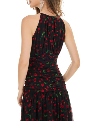 Rose Print Backless Maxi Dress