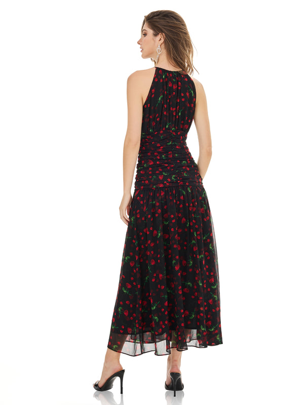 Rose Print Backless Maxi Dress