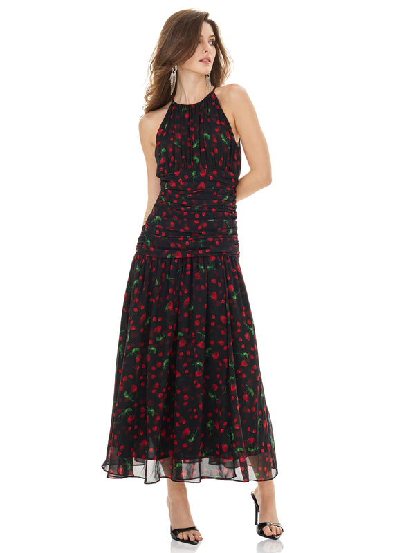 Rose Print Backless Maxi Dress