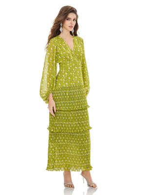 Prairie Green Tiered Pleated Dress