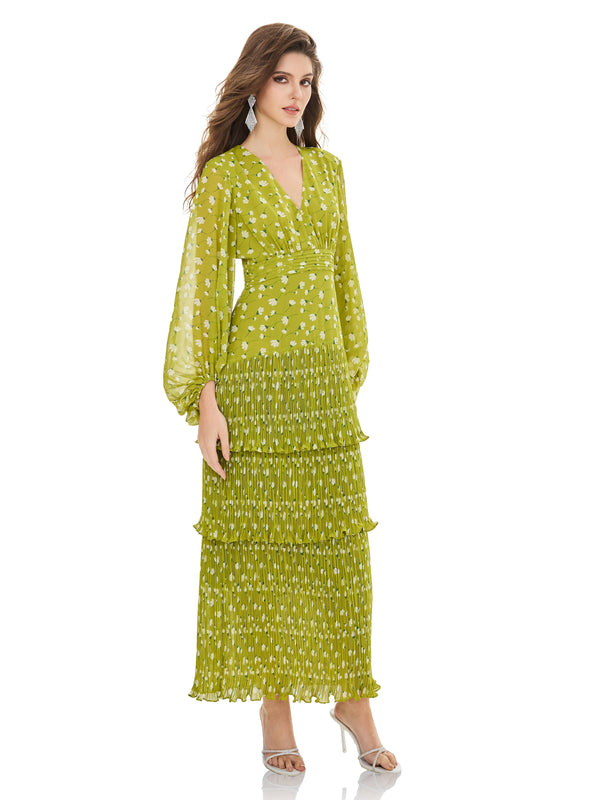 Prairie Green Tiered Pleated Dress