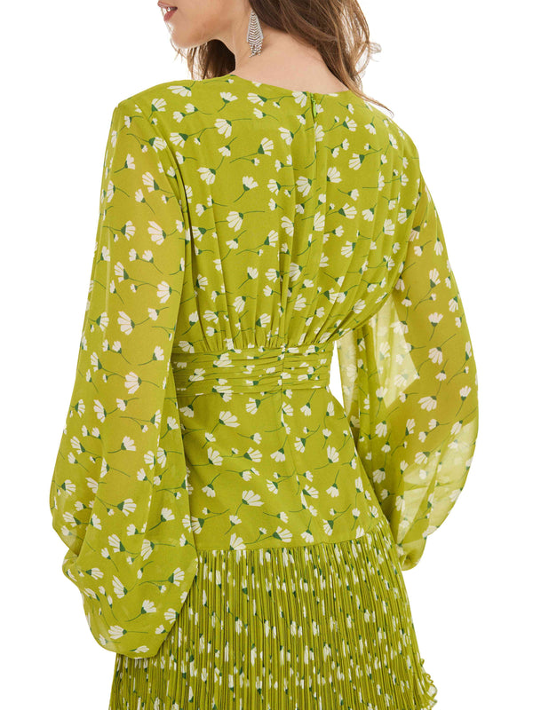 Prairie Green Tiered Pleated Dress