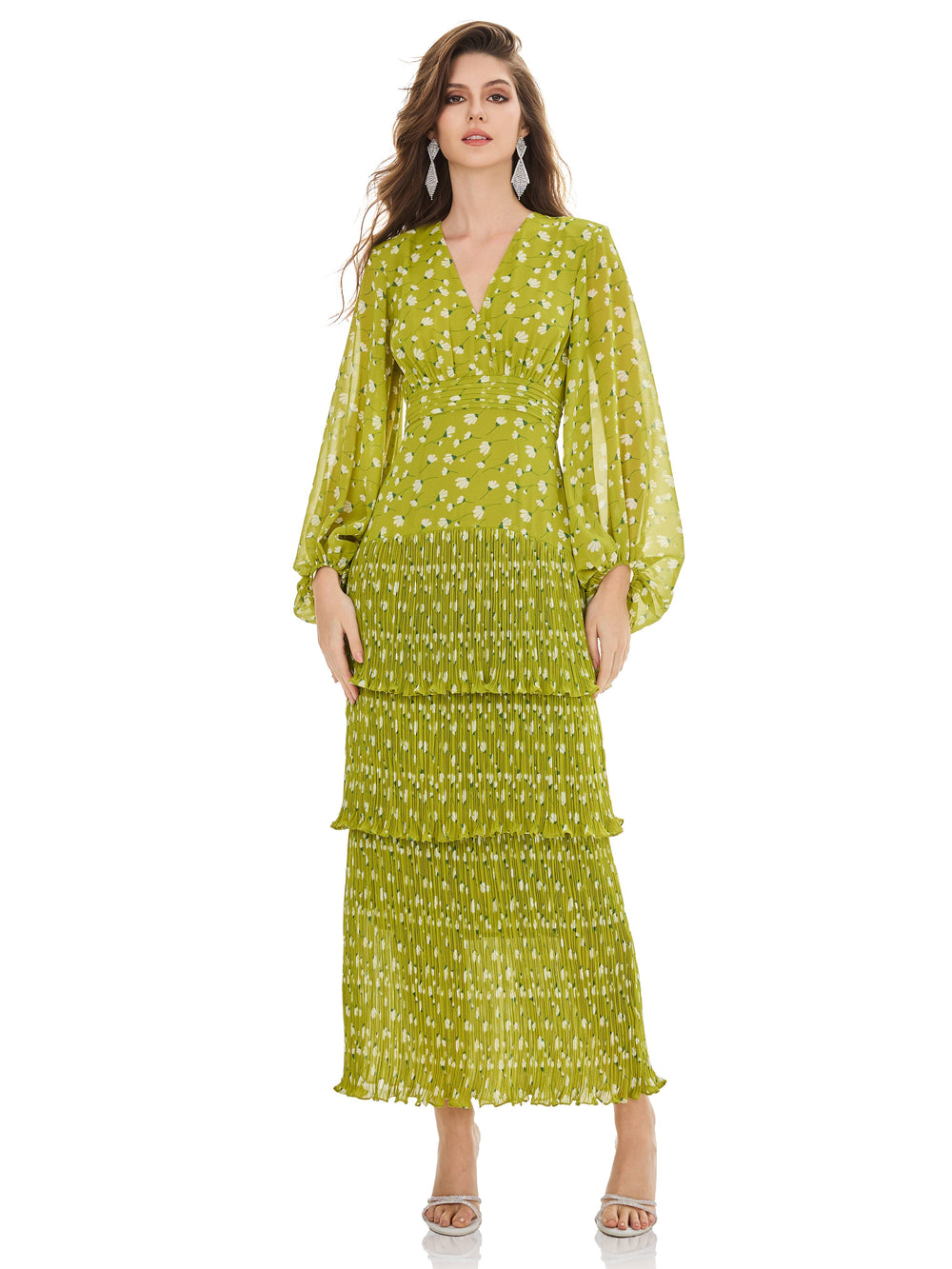 Prairie Green Tiered Pleated Dress