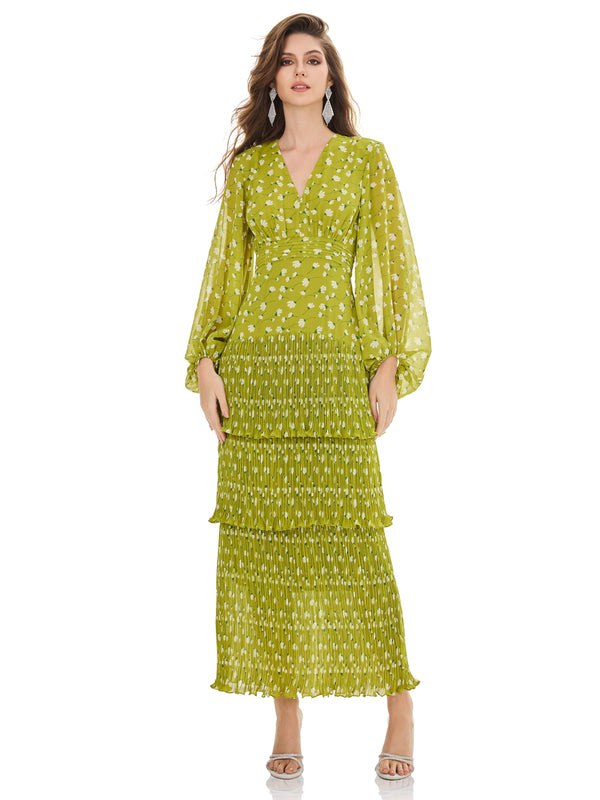 Prairie Green Tiered Pleated Dress