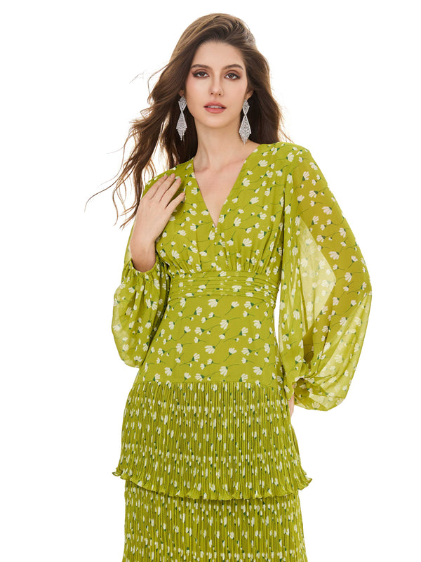 Prairie Green Tiered Pleated Dress