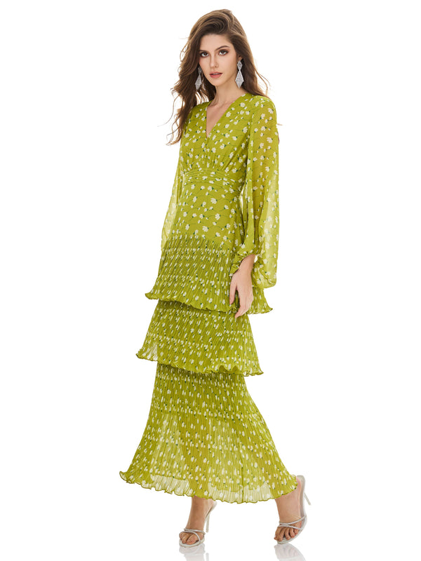 Prairie Green Tiered Pleated Dress