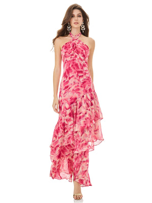 Pink Crisscross Halter Maxi Dress