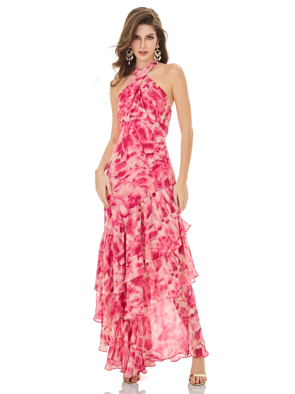 Pink Crisscross Halter Maxi Dress