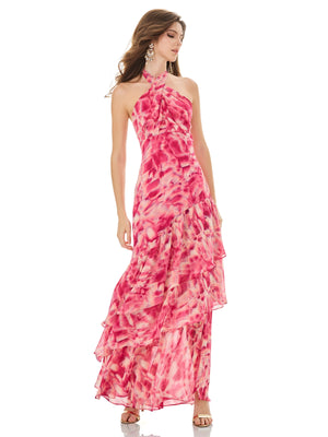 Pink Crisscross Halter Maxi Dress