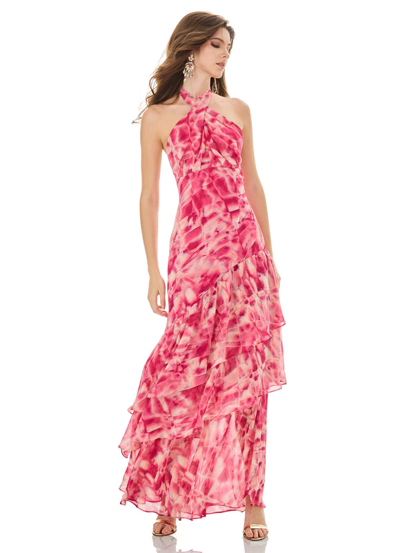 Pink Crisscross Halter Maxi Dress