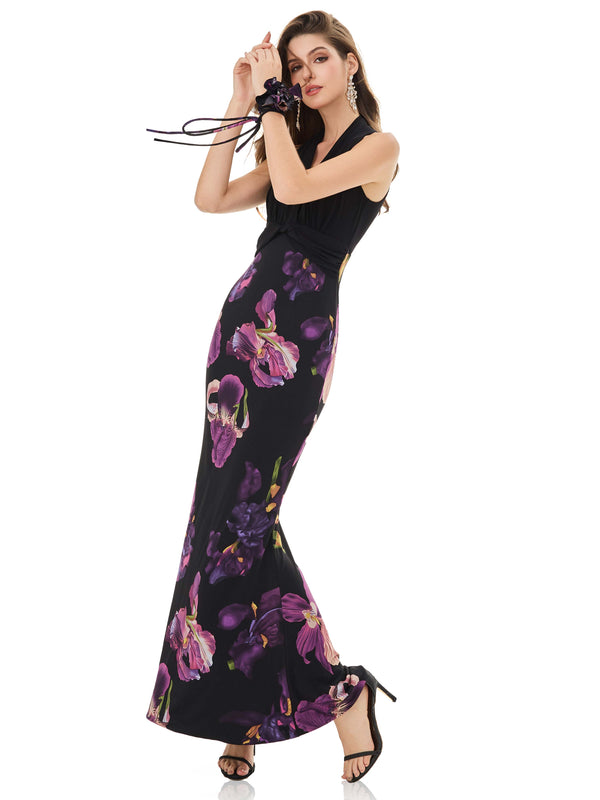 Purple Iris Print Halter Dress