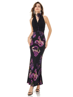 Purple Iris Print Halter Dress