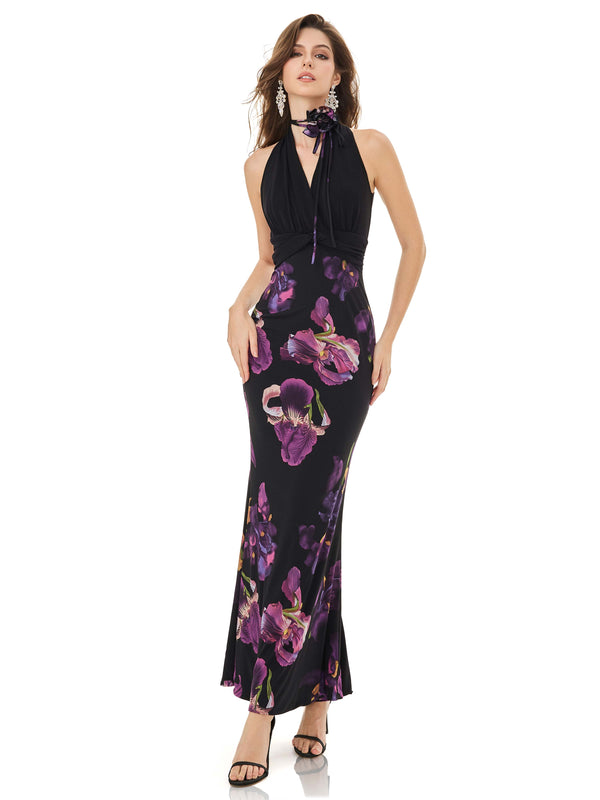 Purple Iris Print Halter Dress