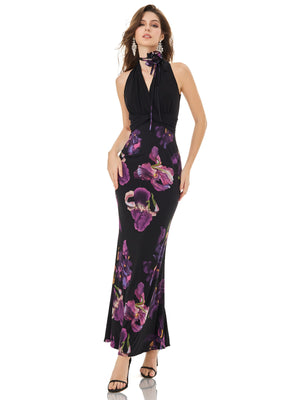 Purple Iris Print Halter Dress