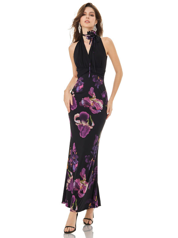 Purple Iris Print Halter Dress