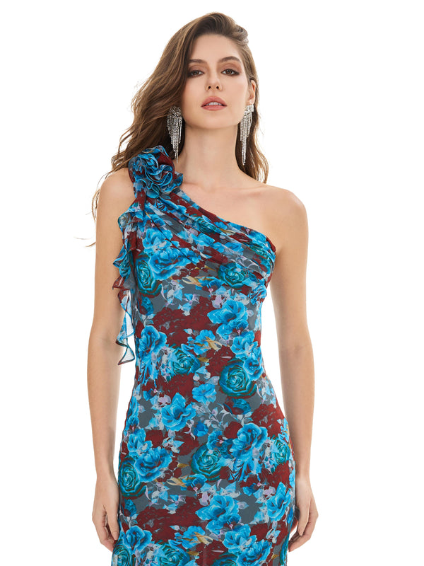 One-Shoulder Blue Printed Dress
