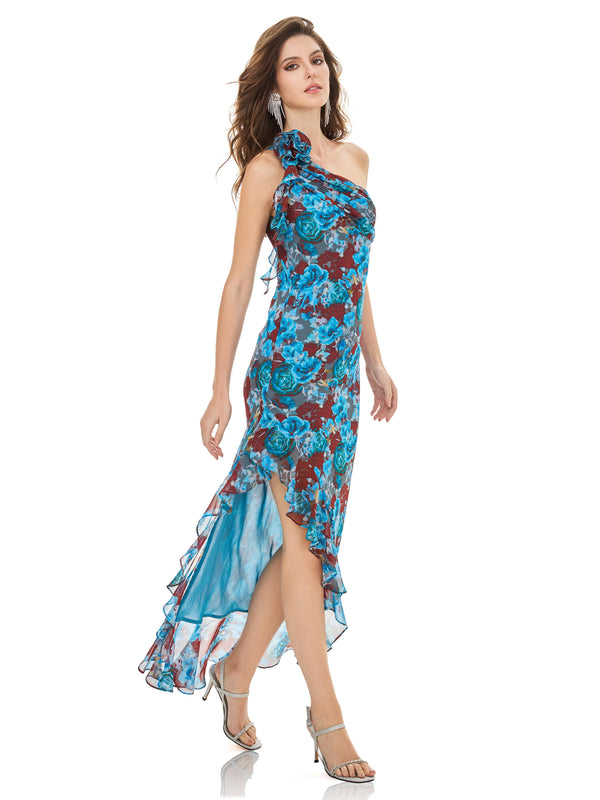 One-Shoulder Blue Printed Dress