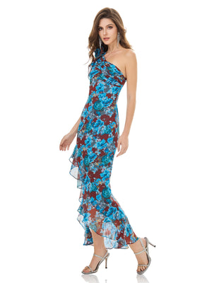 One-Shoulder Blue Printed Dress