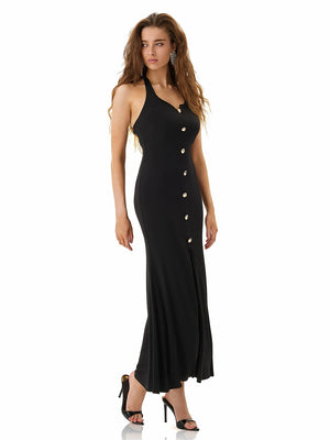 Black Button Halter Maxi Dress