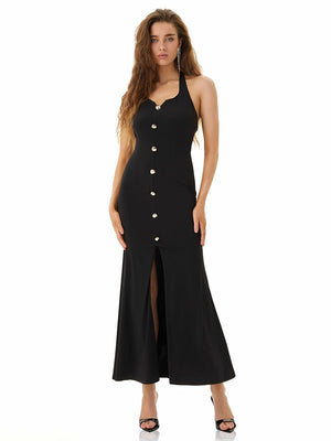 Black Button Halter Maxi Dress