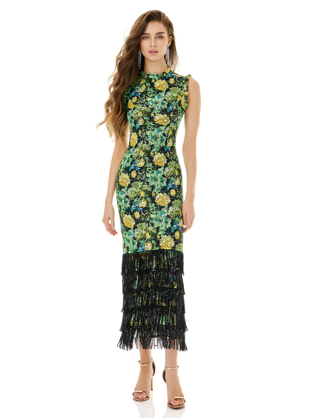 Emerald Bloom & Onyx Fringe Dress