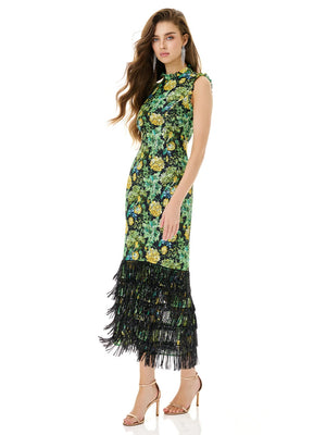 Emerald Bloom & Onyx Fringe Dress