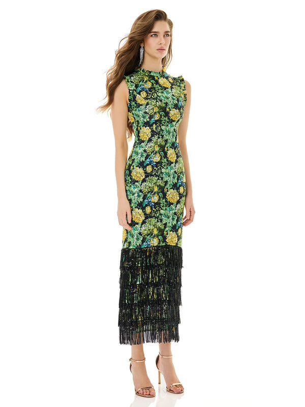 Emerald Bloom & Onyx Fringe Dress