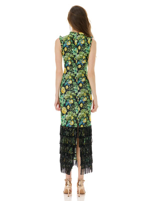 Emerald Bloom & Onyx Fringe Dress