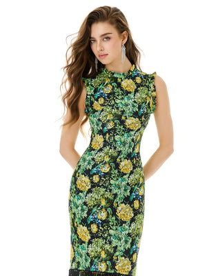 Emerald Bloom & Onyx Fringe Dress