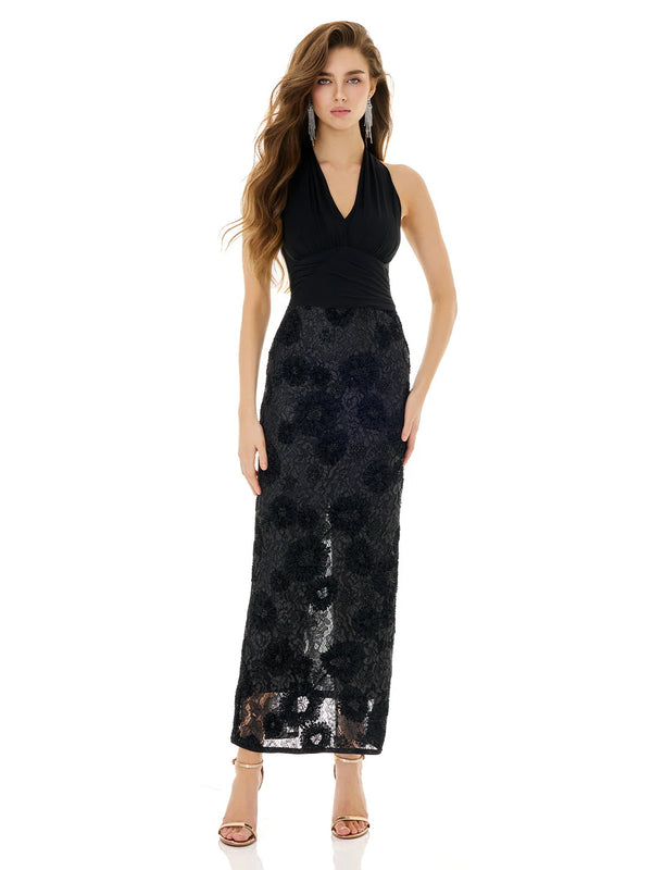 Obsidian Black Lace Halter Dress