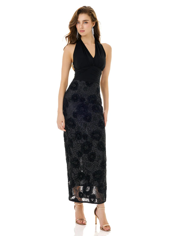 Obsidian Black Lace Halter Dress