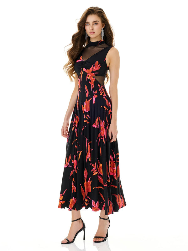 Crimson Ember Floral Print Dress
