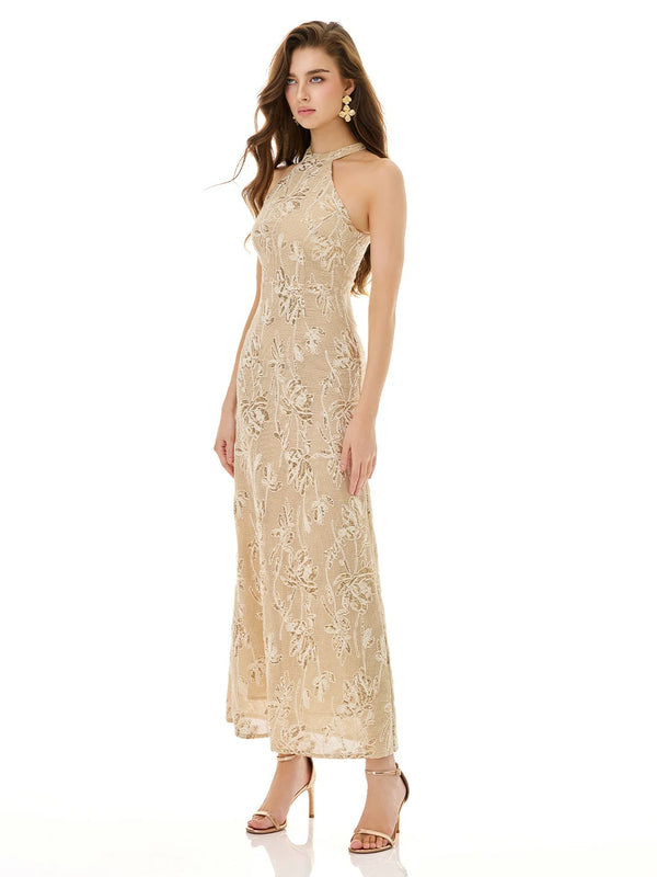 Pale Gold Lace Embellished Dress