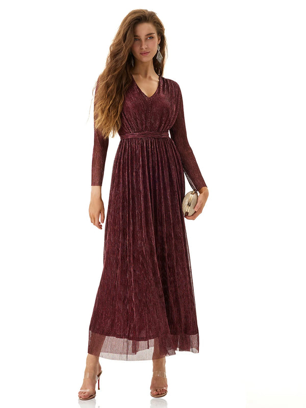 Maroon Shimmery Pleated Dress