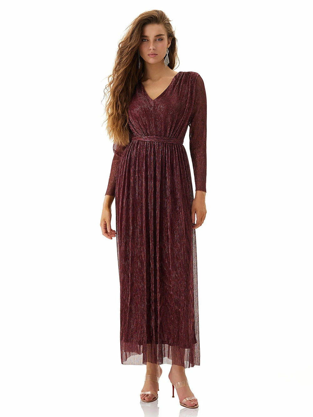 Maroon Shimmery Pleated Dress