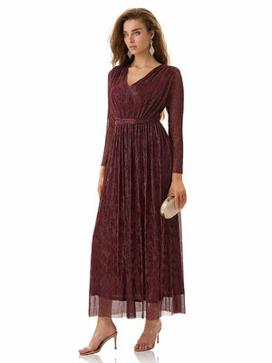 Maroon Shimmery Pleated Dress