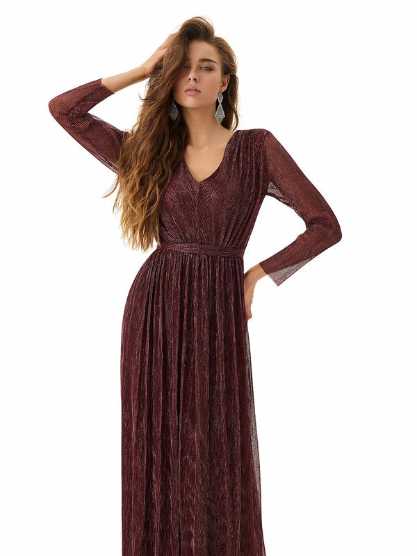 Maroon Shimmery Pleated Dress