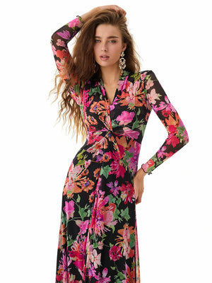 Colorful Print Long Sleeve Maxi Dress