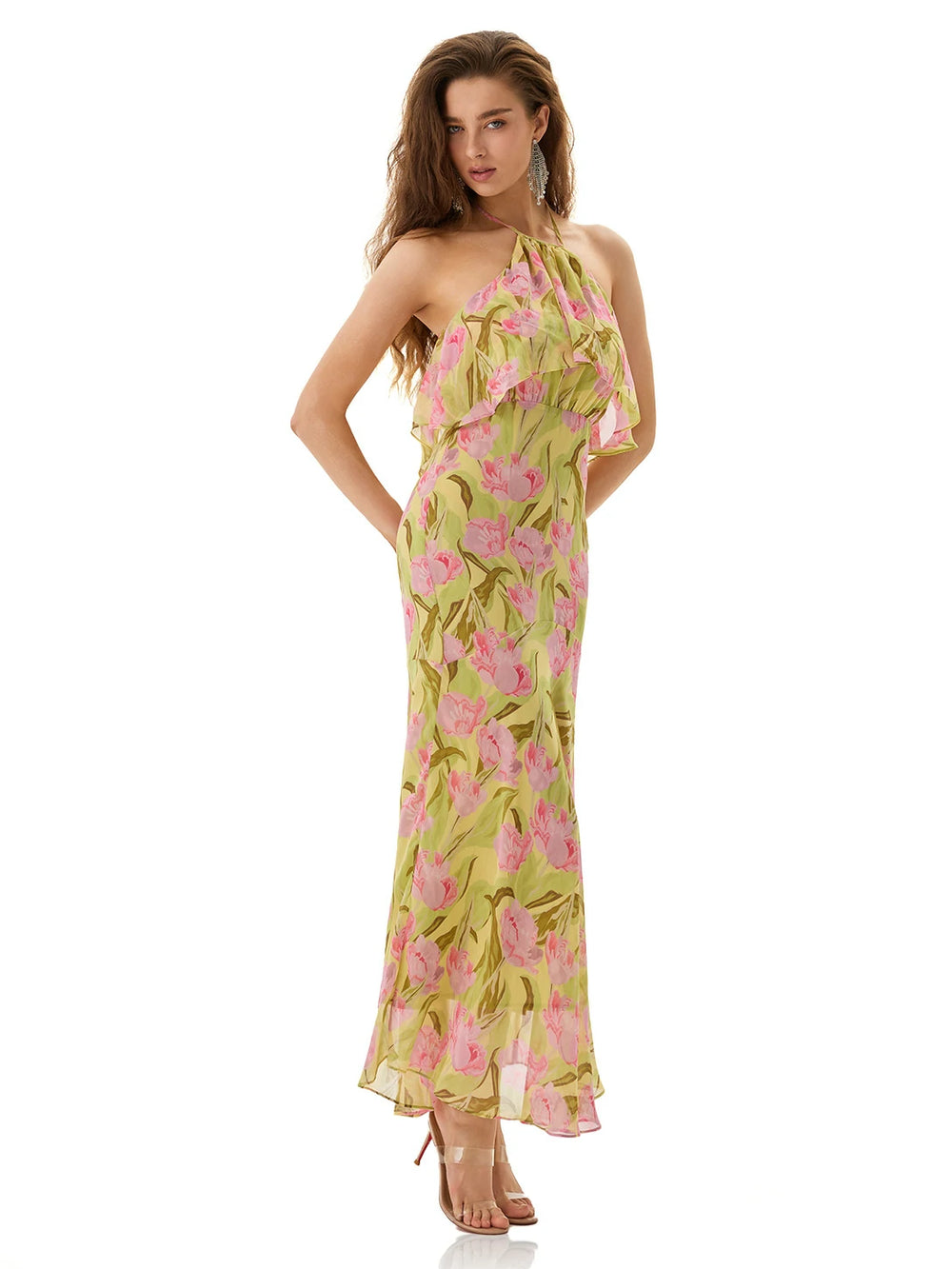 Pink Floral Halter Maxi Dress